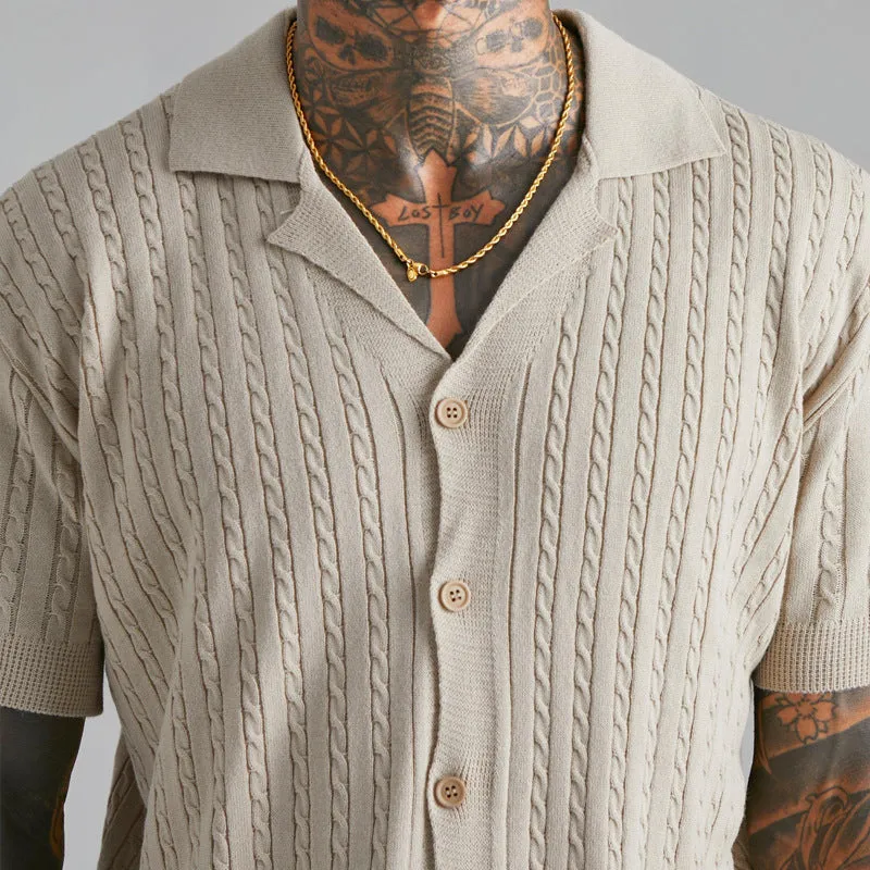 Men's knitted button short-sleeved shirt in Silver Gray solid colour, slim fit, cotton blend fabric