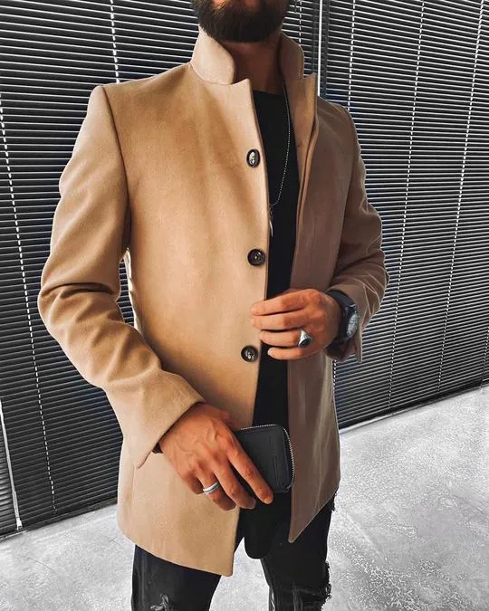 Men's brown stand-up collar mid-length woolen coat jacket on a plain background