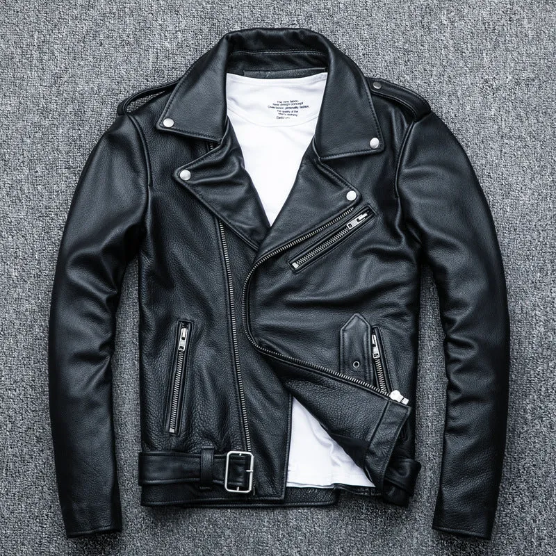 Pure cowhide biker's leather jacket in black with front zip and snap collar, full-length sleeves, polyester lining