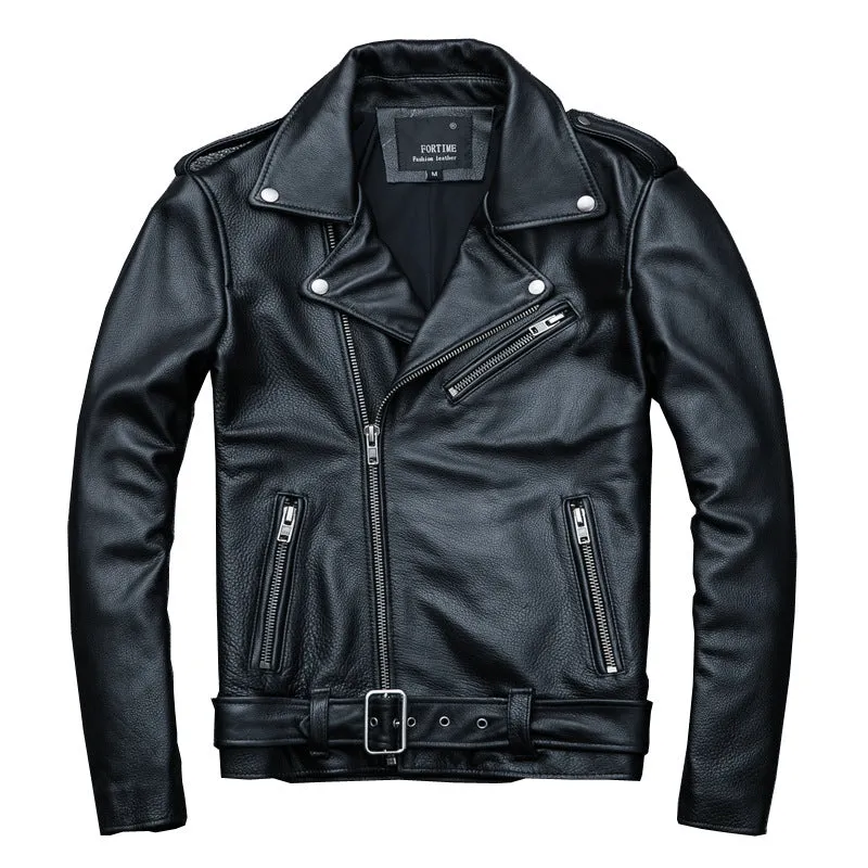 Pure cowhide biker's leather jacket in black with front zip and snap collar, full-length sleeves, polyester lining