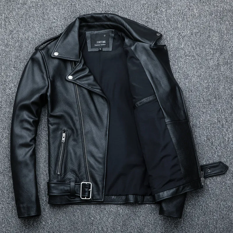 Pure cowhide biker's leather jacket in black with front zip and snap collar, full-length sleeves, polyester lining