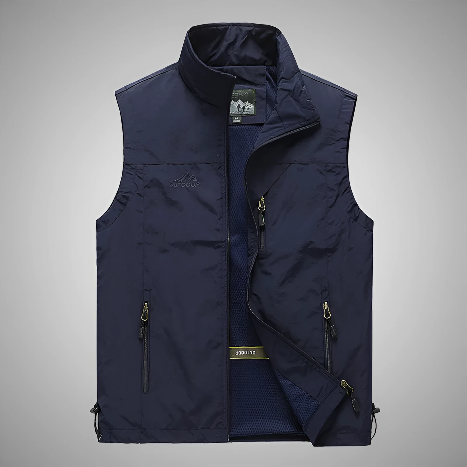 Men's cotton blend nylon outdoor leisure vest in army green with stand-up collar and zipper