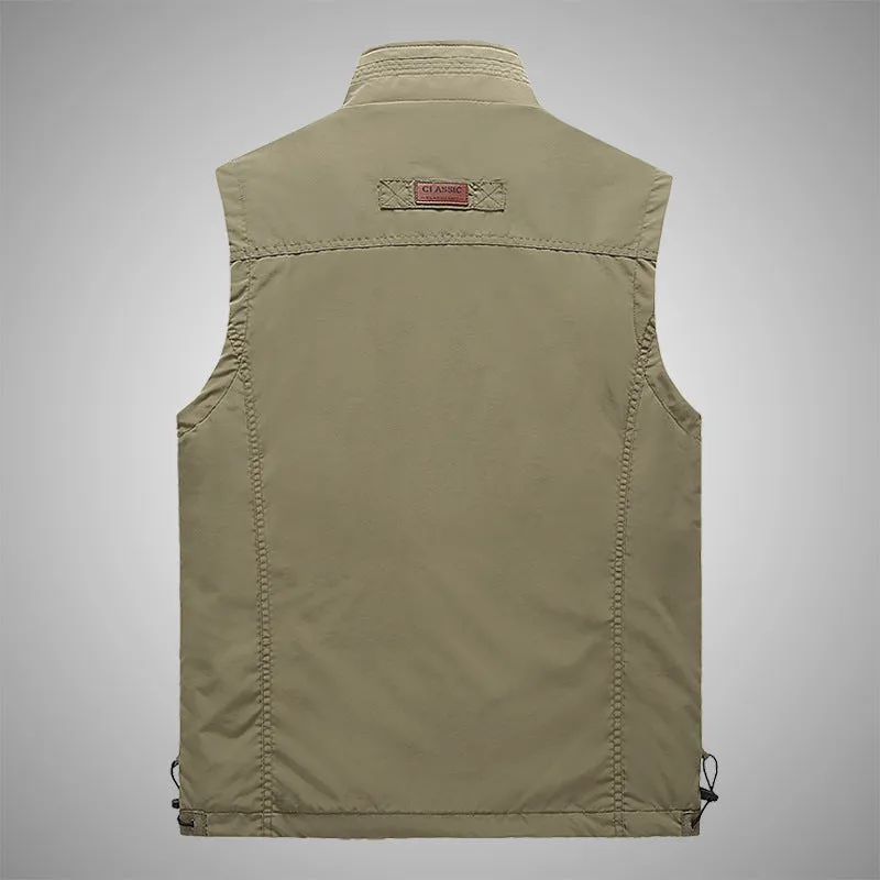 Men's cotton blend nylon outdoor leisure vest in army green with stand-up collar and zipper