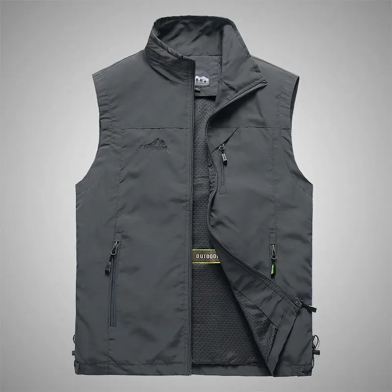 Men's cotton blend nylon outdoor leisure vest in army green with stand-up collar and zipper