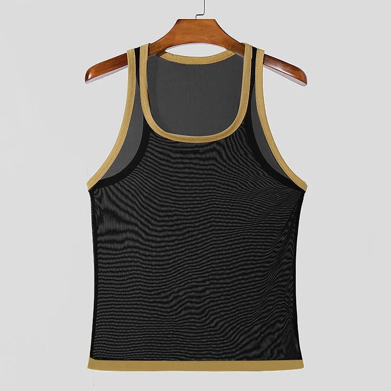 Men's solid-colour tight-fitting mesh vest for sports in black or white.
