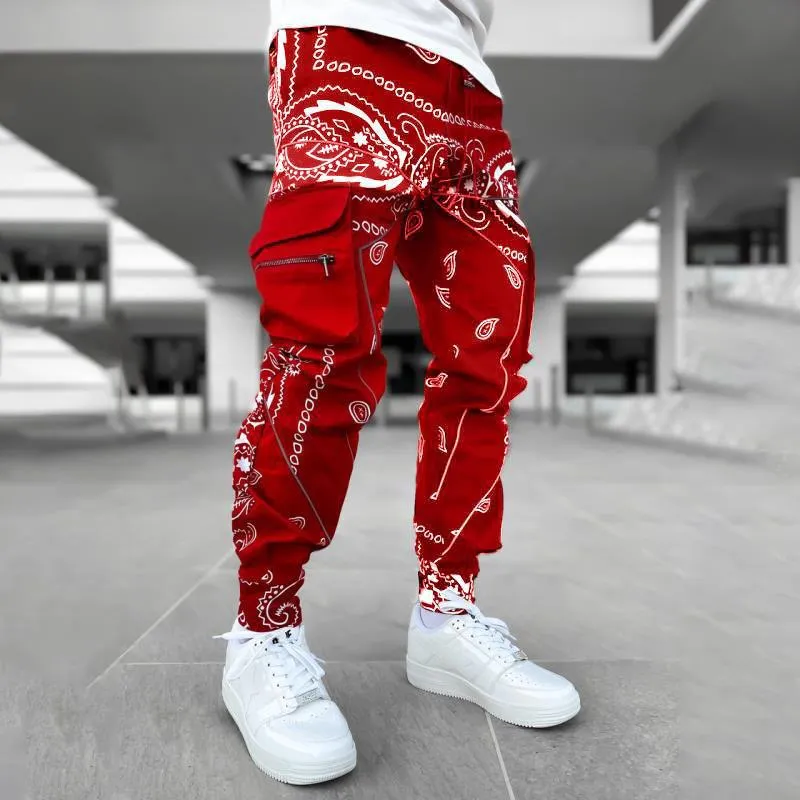 Men's loose wide-leg harem trousers with letter print in cotton blend, mid-waist tie closure