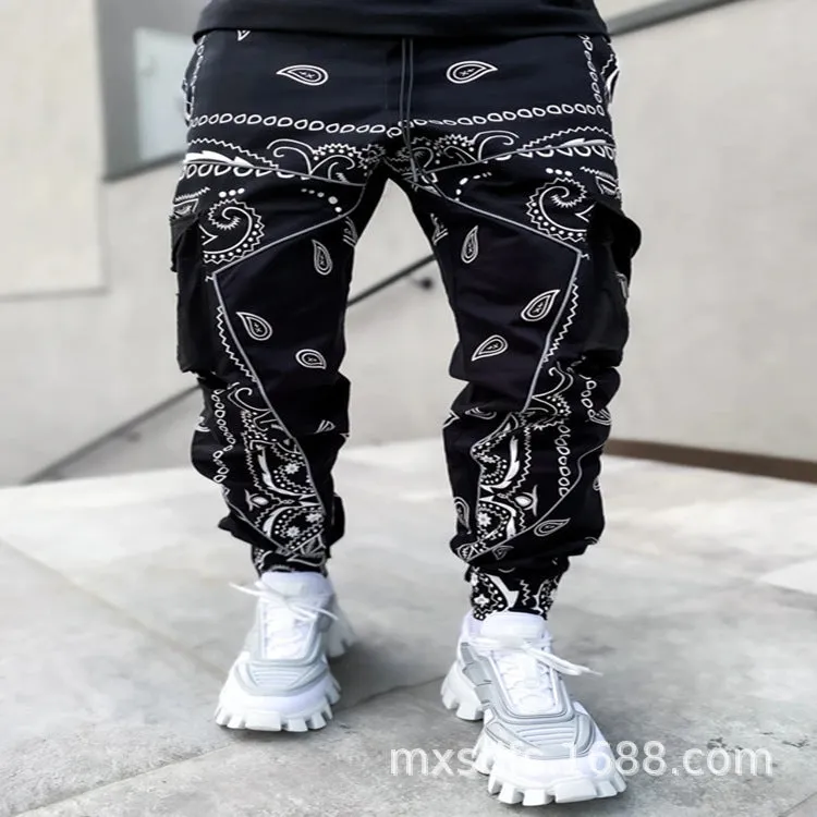 Men's loose wide-leg harem trousers with letter print in cotton blend, mid-waist tie closure