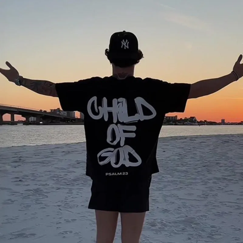 Child Of God print T-shirt in casual style, 100% polyester, round neck, short sleeves, summer top
