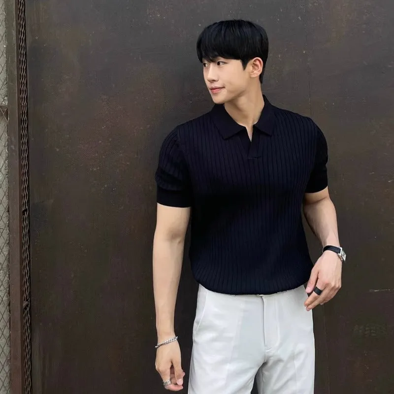 Summer stripes short sleeve polo shirt for men, slim fit, available in black, white, green, apricot, sizes M–3XL