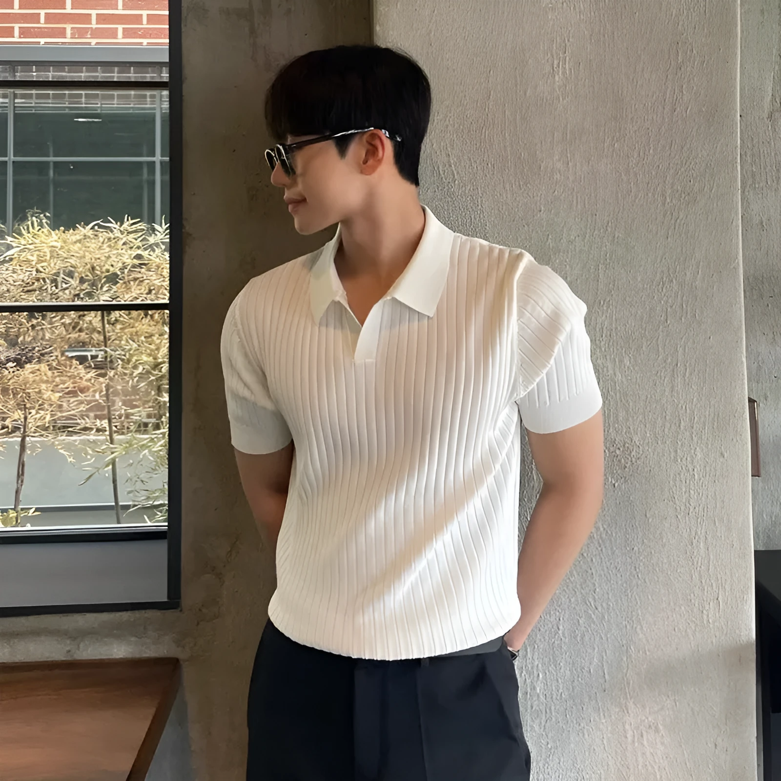 Summer stripes short sleeve polo shirt for men, slim fit, available in black, white, green, apricot, sizes M–3XL