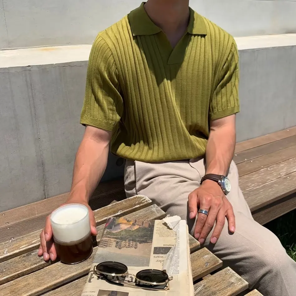Summer stripes short sleeve polo shirt for men, slim fit, available in black, white, green, apricot, sizes M–3XL