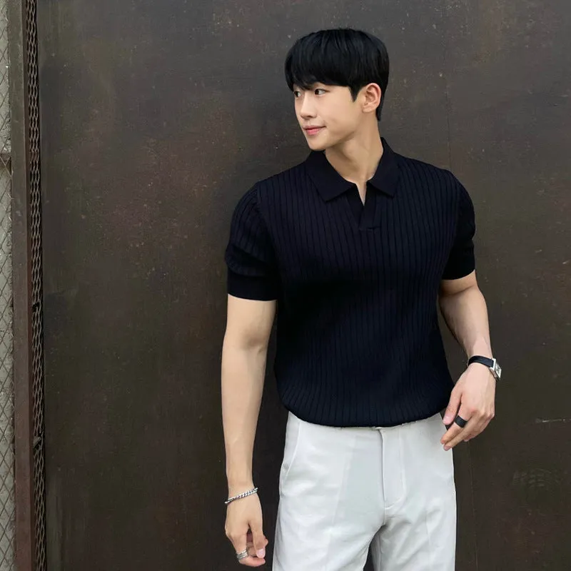 Summer stripes short sleeve polo shirt for men, slim fit, available in black, white, green, apricot, sizes M–3XL