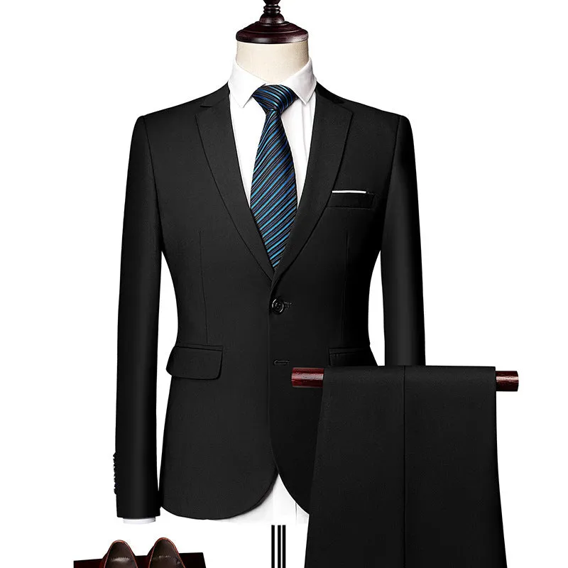 Men's loose fit business casual suit two-piece set in polyester, available in multiple colours and sizes M-5XL