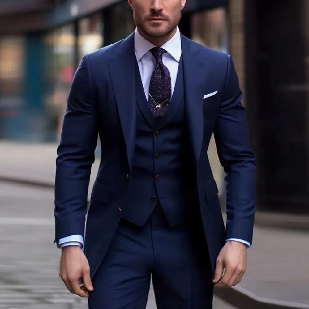 Men's three-piece slim fit suit in solid colour with coat, vest and trousers