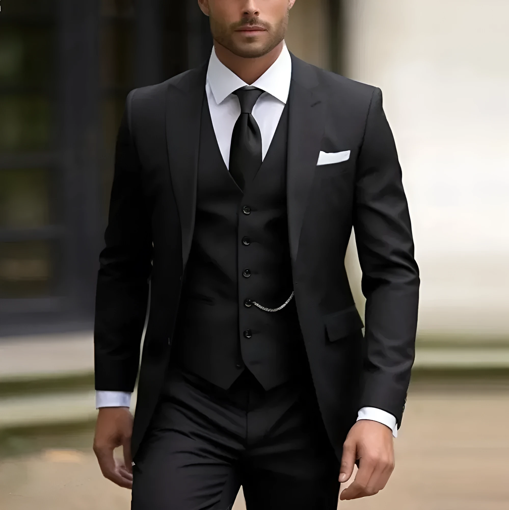 Men's three-piece slim fit suit in solid colour with coat, vest and trousers