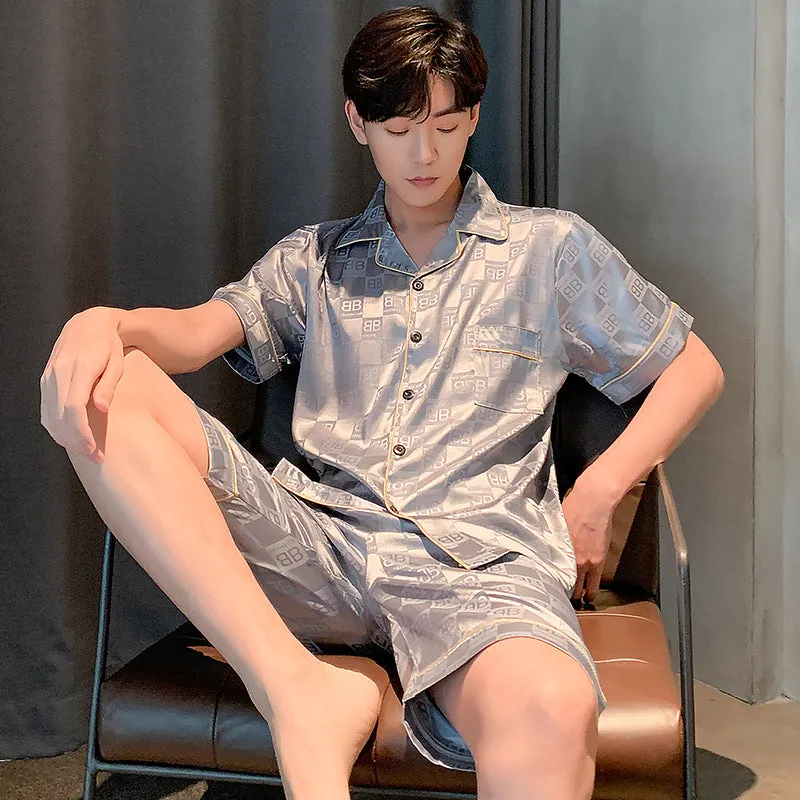 Men's ice silk summer pajama suit in loose fit, short sleeve top and shorts, plus size L to XXXL