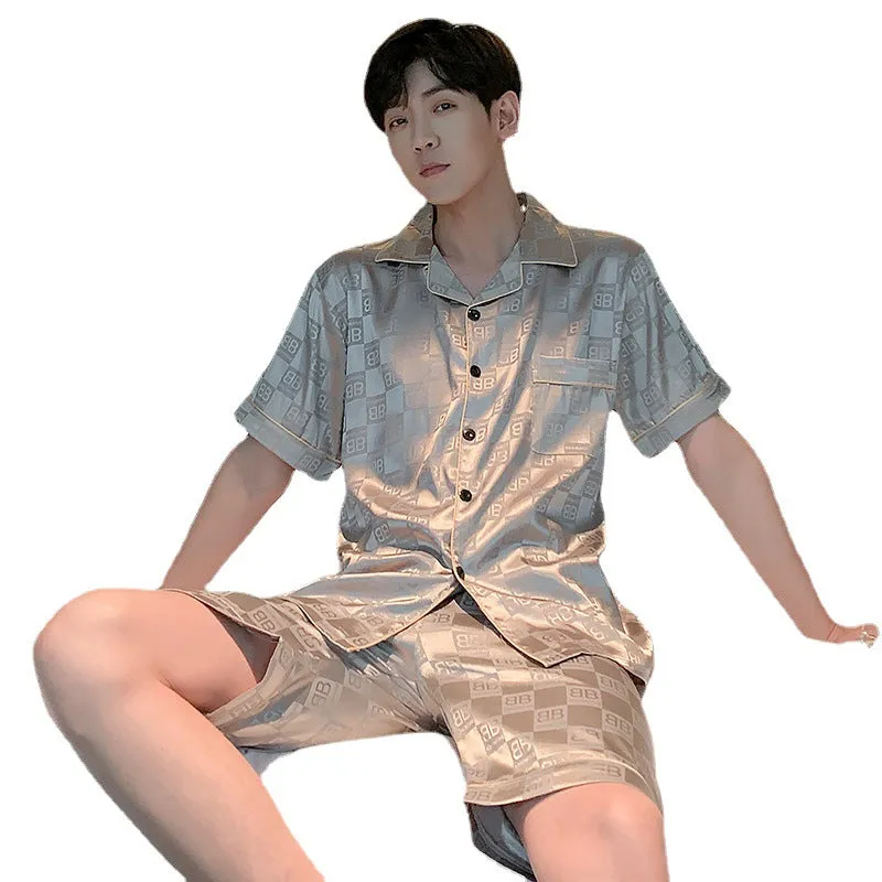 Men's ice silk summer pajama suit in loose fit, short sleeve top and shorts, plus size L to XXXL