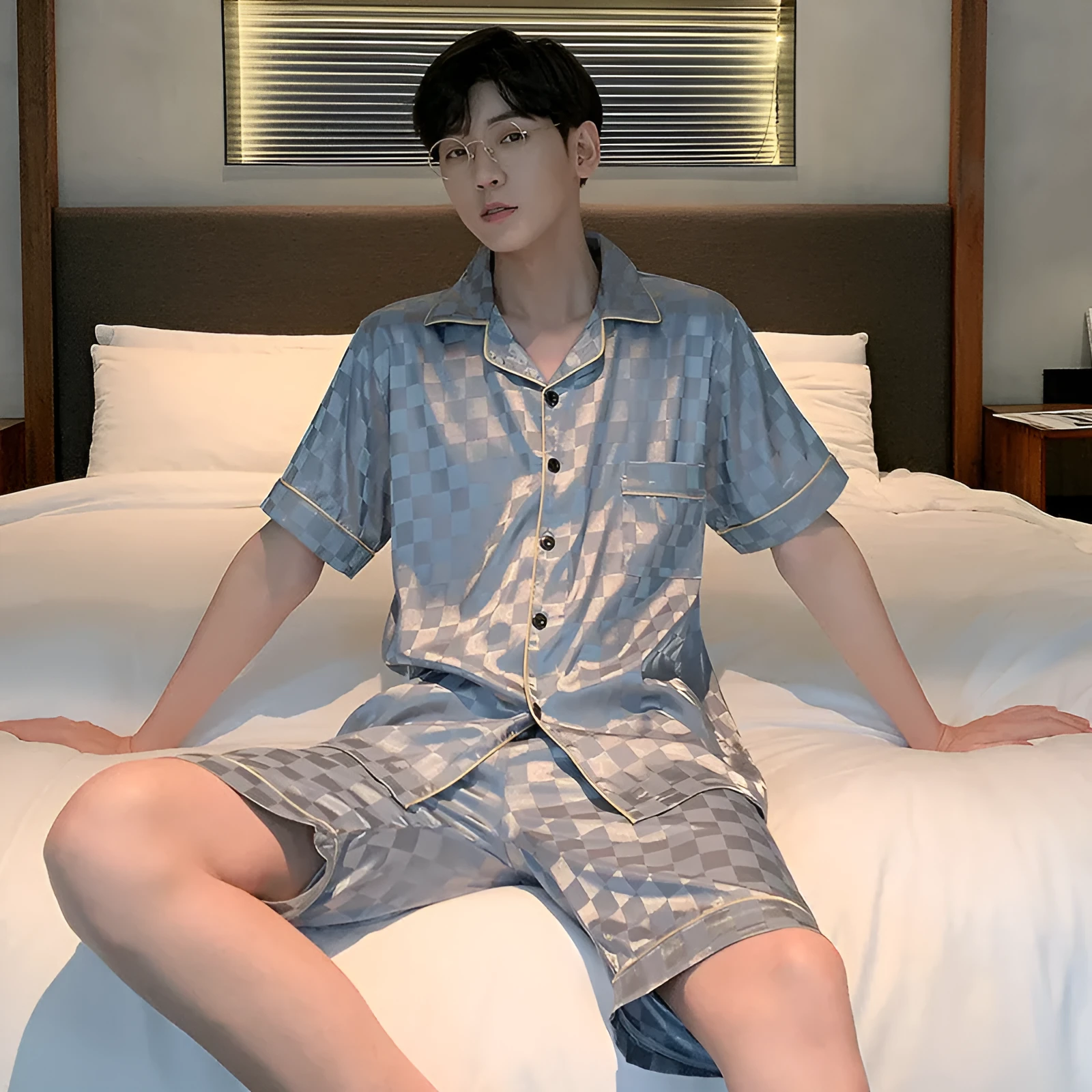 Men's ice silk summer pajama suit in loose fit, short sleeve top and shorts, plus size L to XXXL