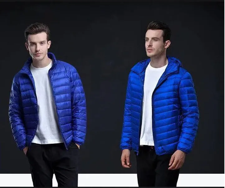 Men's lightweight down jacket in green plain cotton fabric with hood, short casual fit