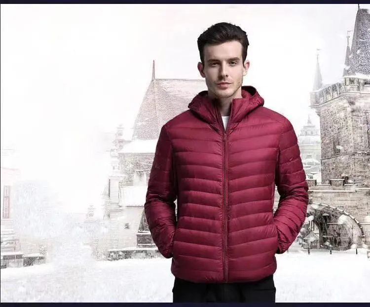 Men's lightweight down jacket in green plain cotton fabric with hood, short casual fit