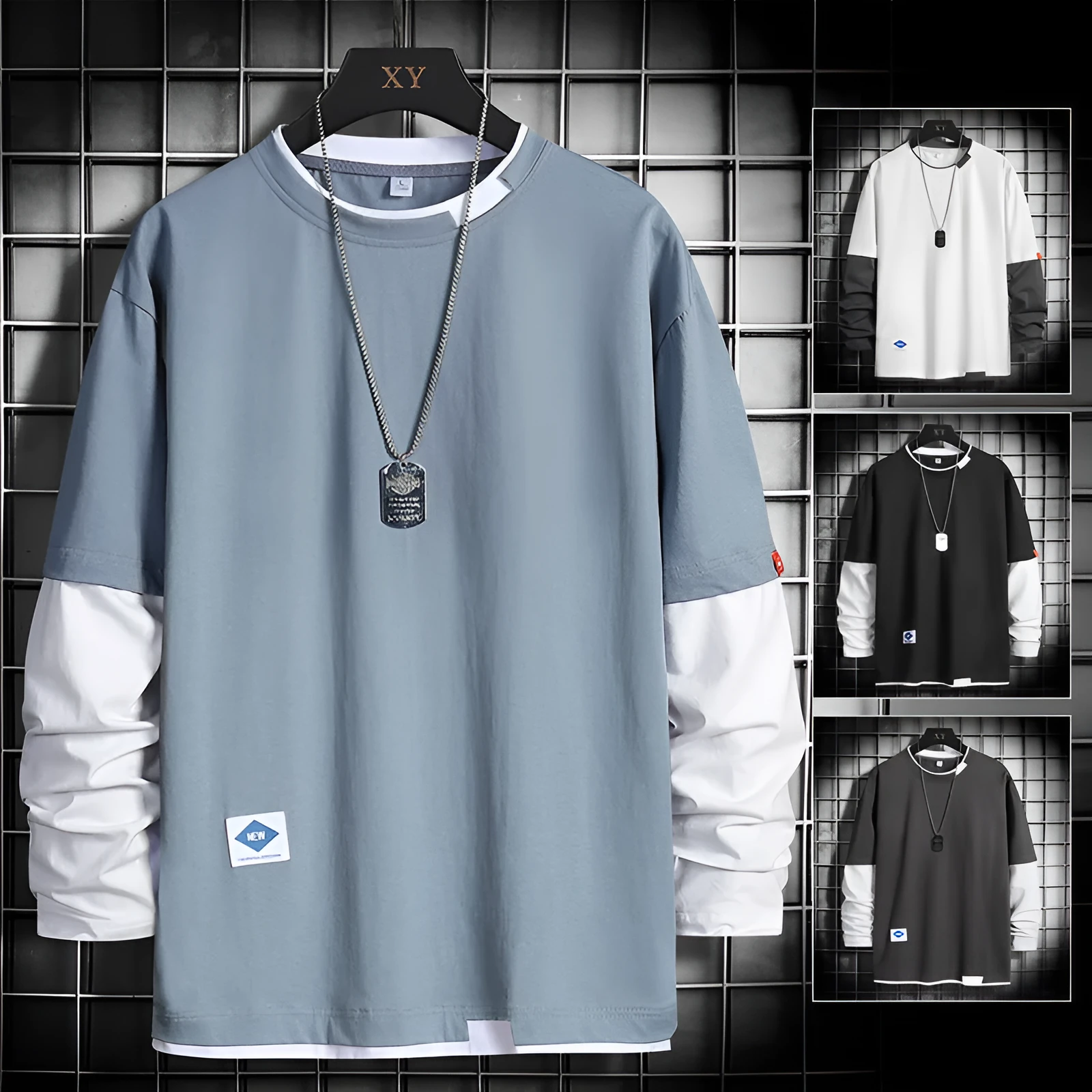 Loose round neck long sleeve polyester blend bottoming shirt in fog blue with geometric pattern