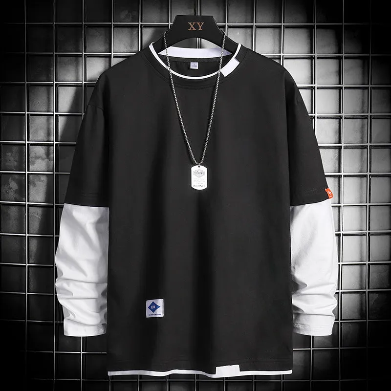 Loose round neck long sleeve polyester blend bottoming shirt in fog blue with geometric pattern