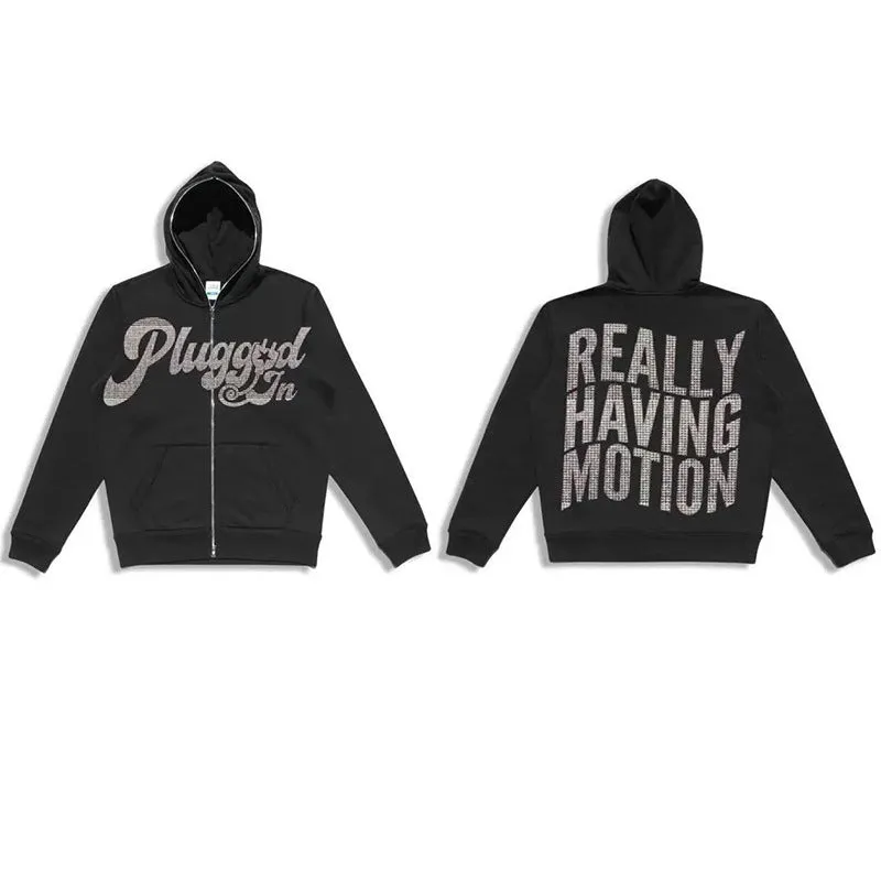 Fashion men's black loose zipper cardigan sweater with rhinestone letters and printed text