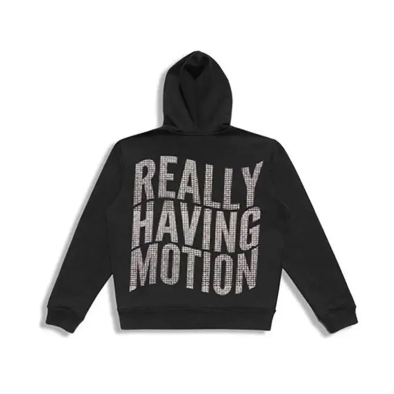 Fashion men's black loose zipper cardigan sweater with rhinestone letters and printed text