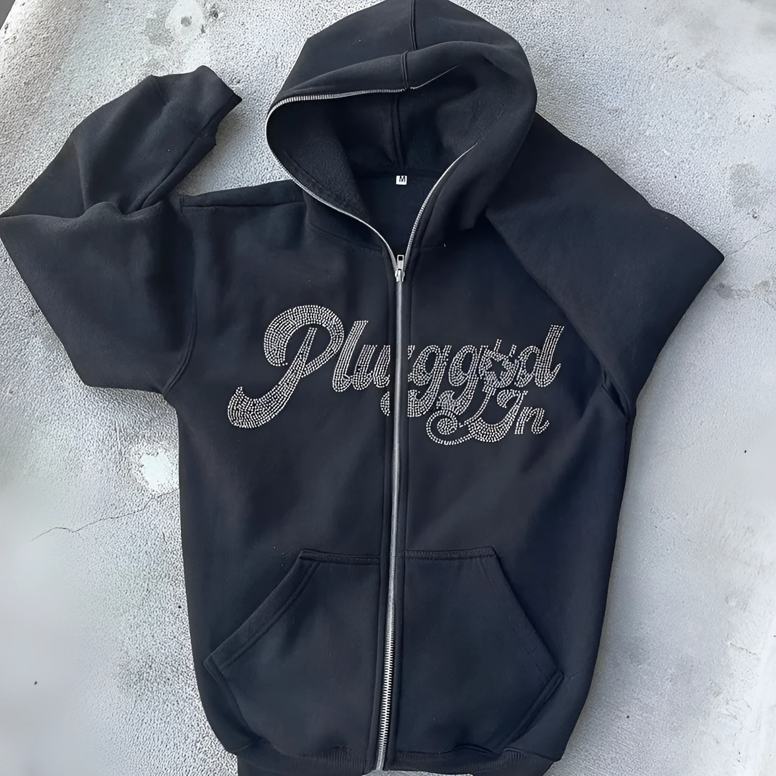 Fashion men's black loose zipper cardigan sweater with rhinestone letters and printed text