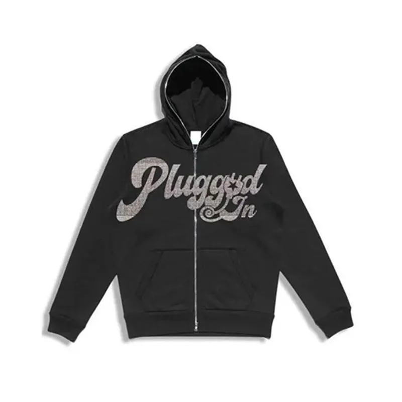 Fashion men's black loose zipper cardigan sweater with rhinestone letters and printed text