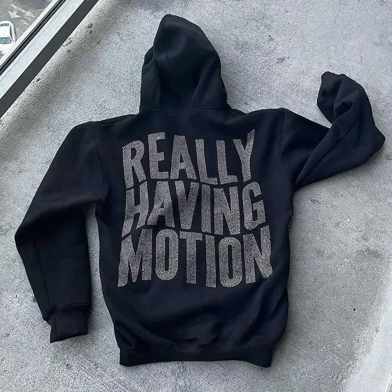 Fashion men's black loose zipper cardigan sweater with rhinestone letters and printed text