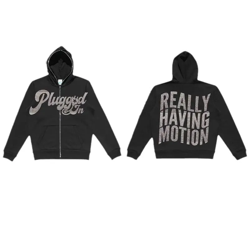 Fashion men's black loose zipper cardigan sweater with rhinestone letters and printed text