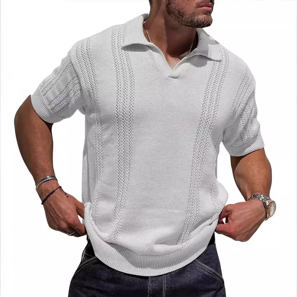 Men's knitted polo shirt short sleeve V-neck hollow in black cotton blend loose fit
