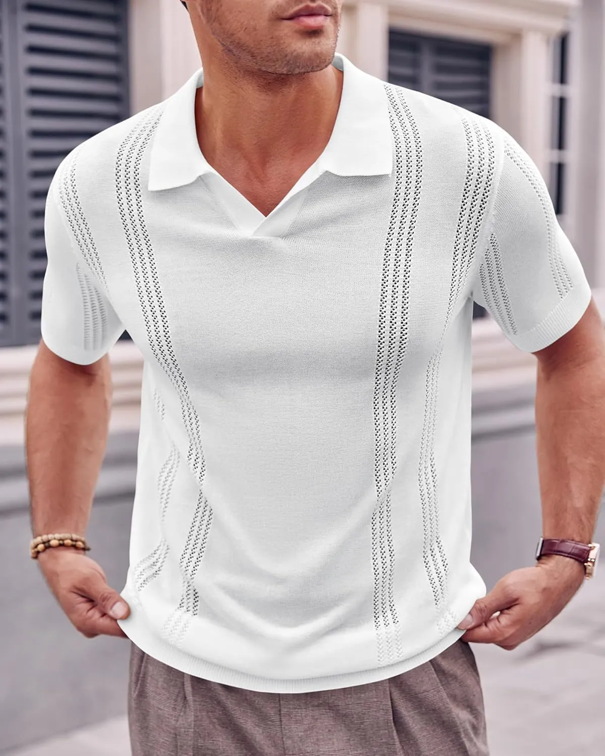 Men's knitted polo shirt short sleeve V-neck hollow in black cotton blend loose fit