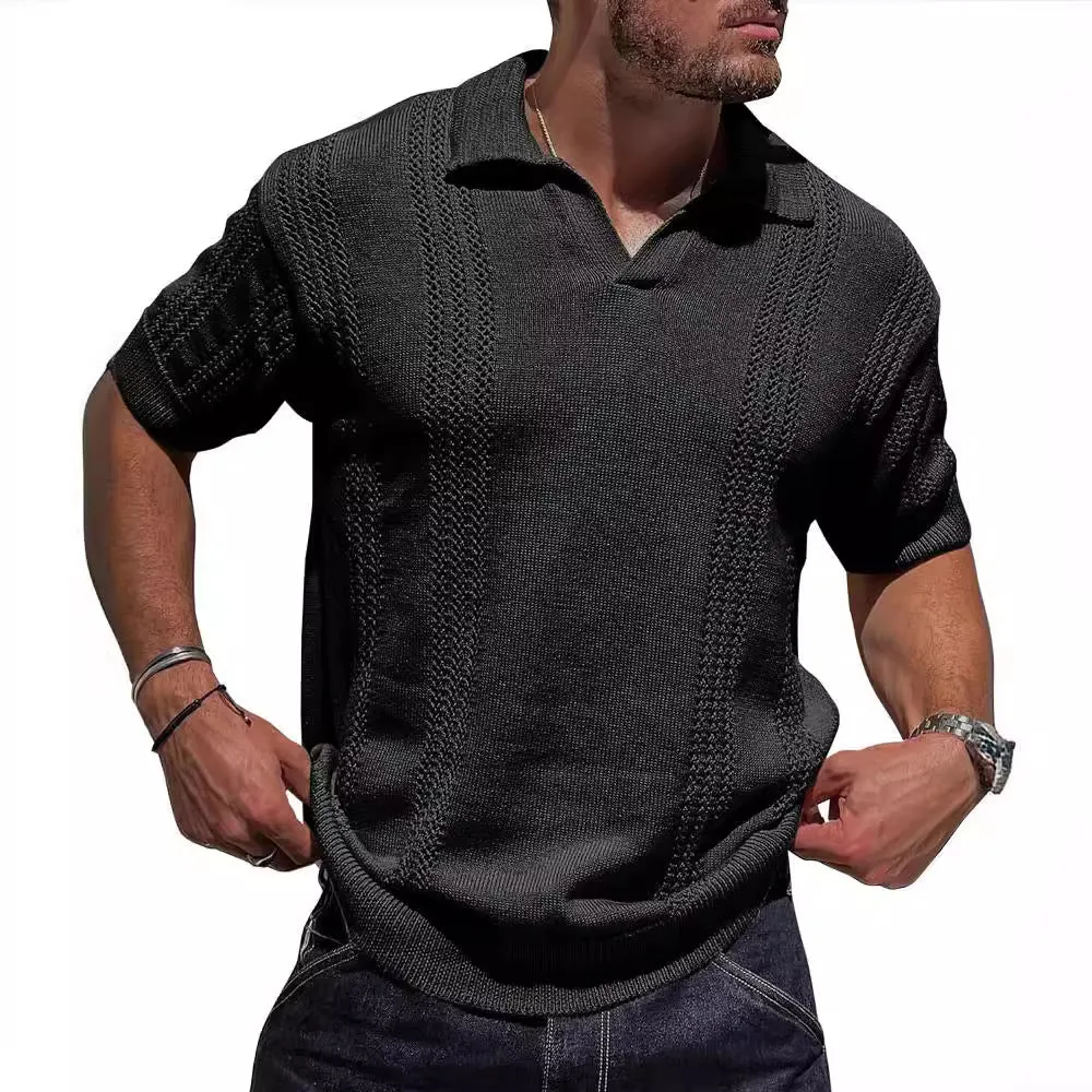 Men's knitted polo shirt short sleeve V-neck hollow in black cotton blend loose fit