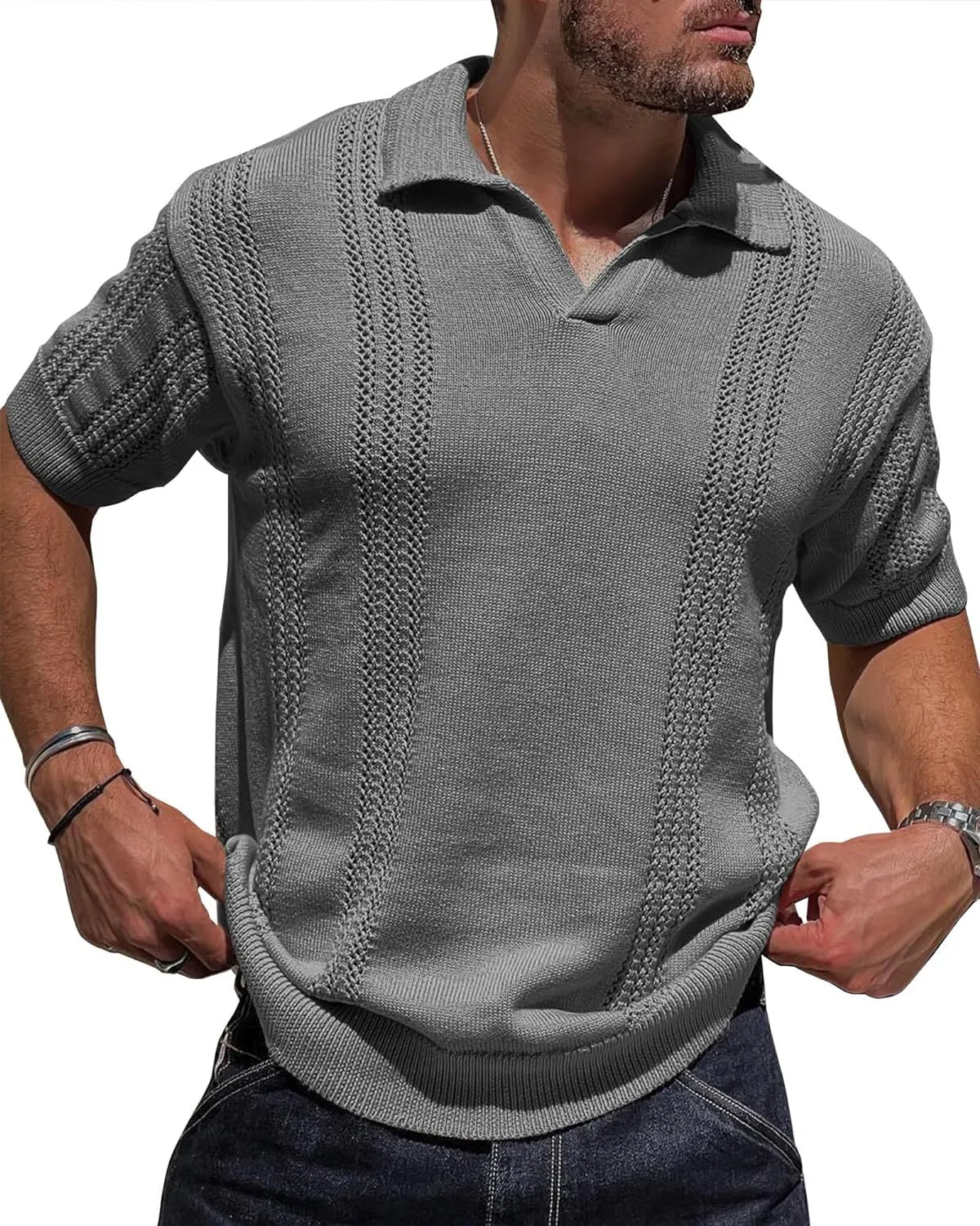 Men's knitted polo shirt short sleeve V-neck hollow in black cotton blend loose fit