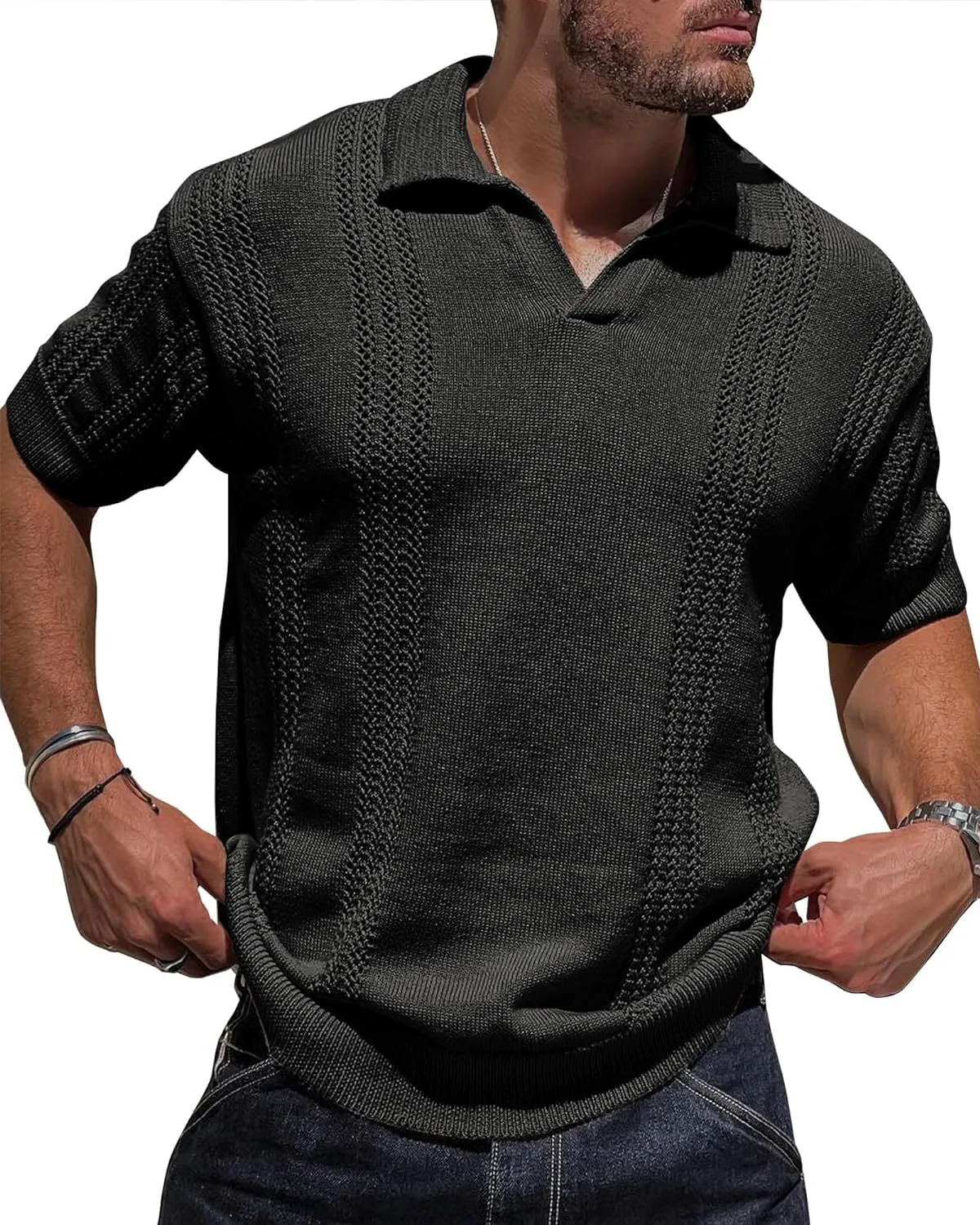 Men's knitted polo shirt short sleeve V-neck hollow in black cotton blend loose fit