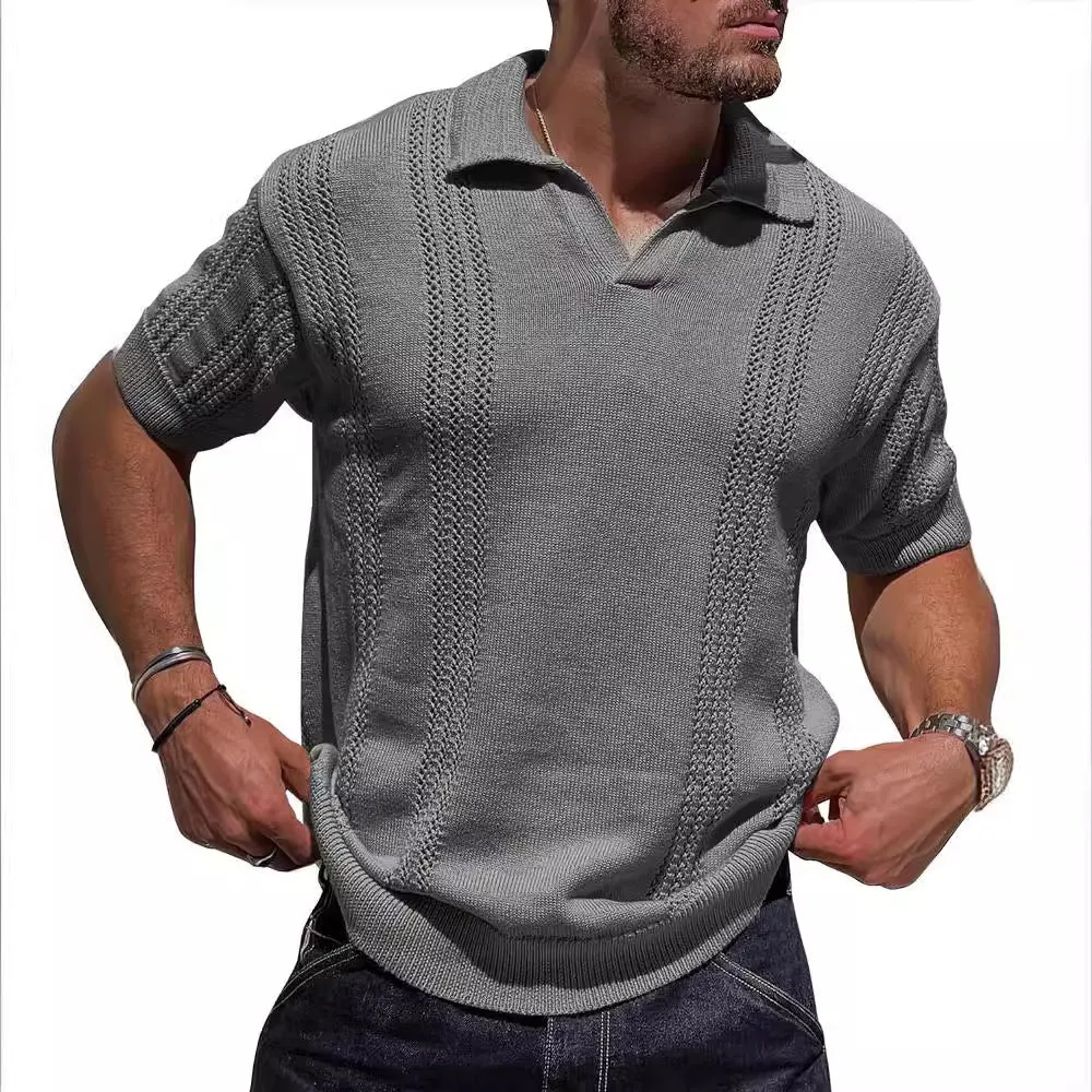 Men's knitted polo shirt short sleeve V-neck hollow in black cotton blend loose fit