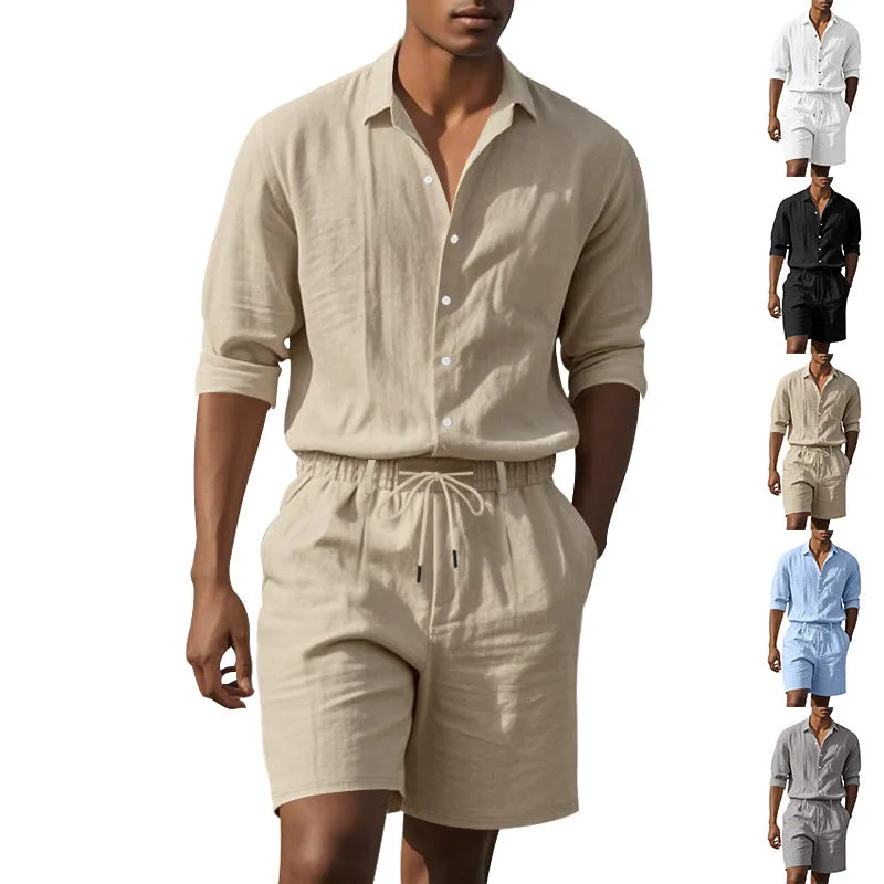 Men's linen beach suit showing long sleeve shirt and matching shorts in light blue colour