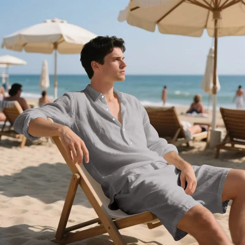 Men's linen beach suit showing long sleeve shirt and matching shorts in light blue colour