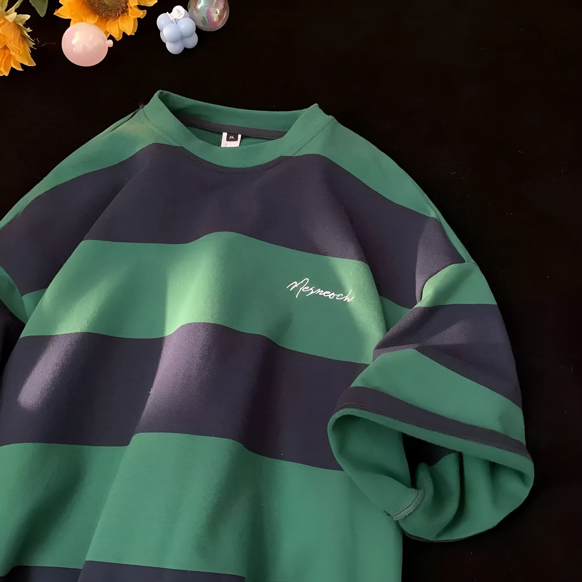 Striped half sleeve shirt in green and white, Japanese-style pullover with loose fit for men.