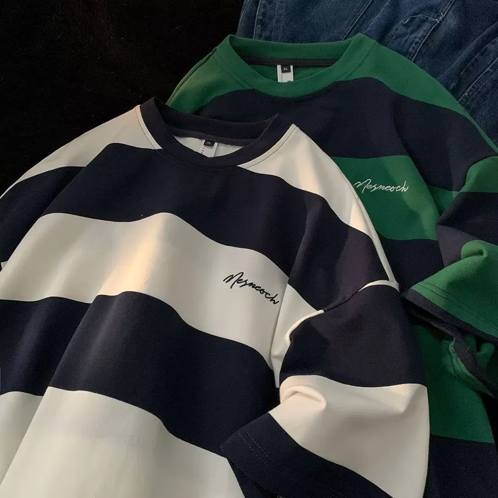 Striped half sleeve shirt in green and white, Japanese-style pullover with loose fit for men.