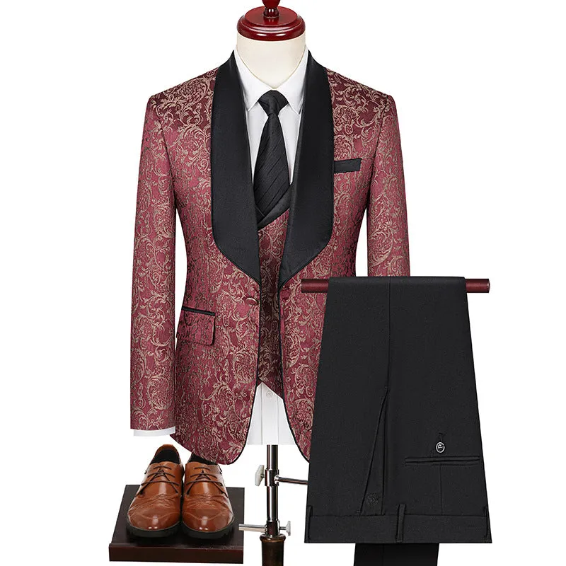 Men's jacquard slim fit wedding suit in black, acetate fibre blend, Asian sizing