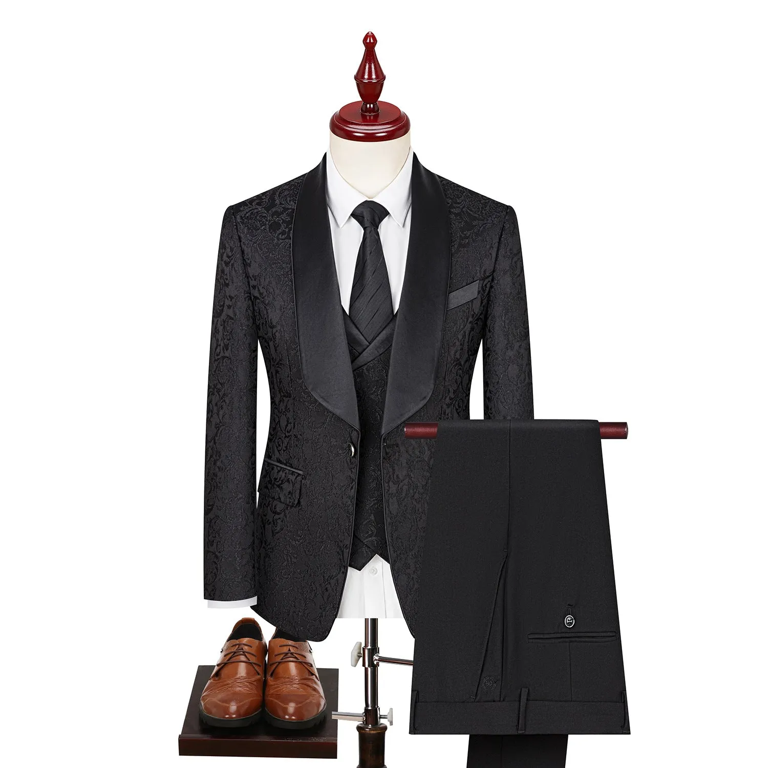 Men's jacquard slim fit wedding suit in black, acetate fibre blend, Asian sizing