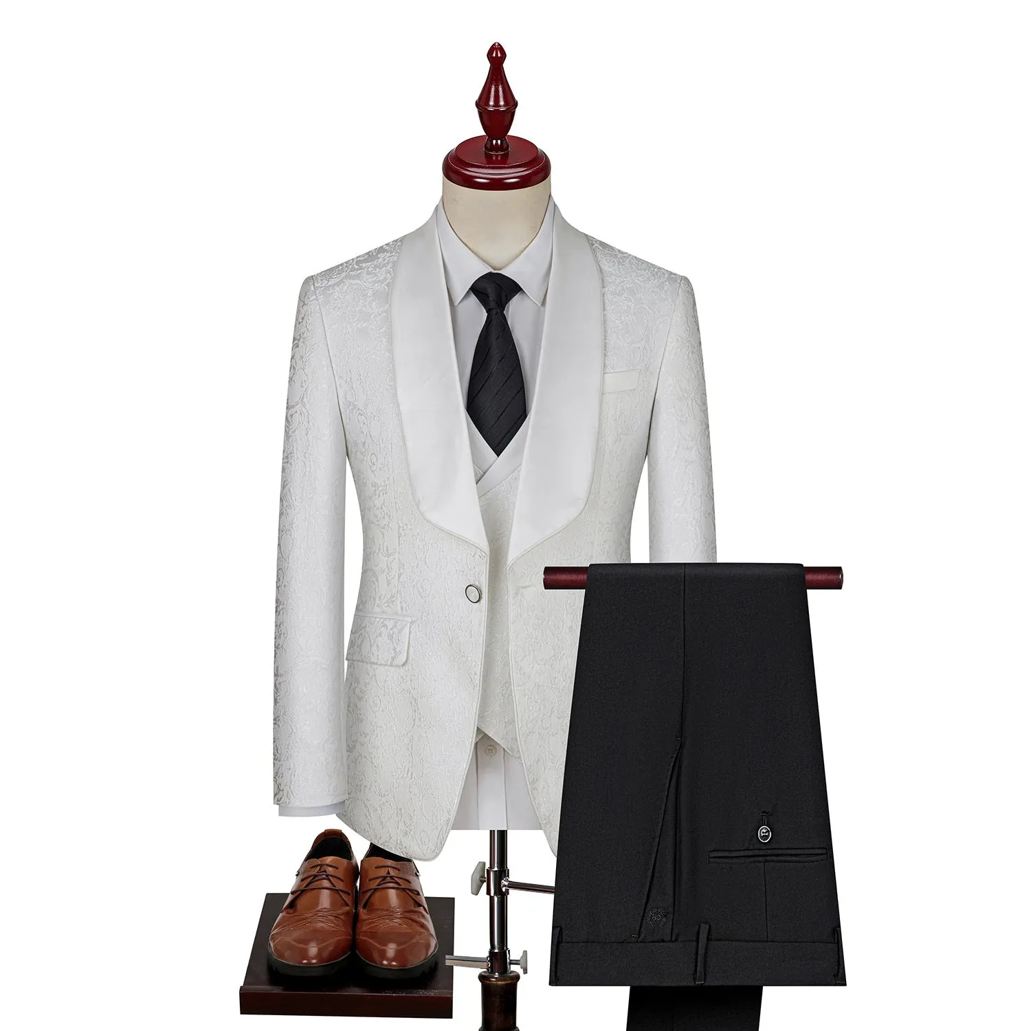 Men's jacquard slim fit wedding suit in black, acetate fibre blend, Asian sizing