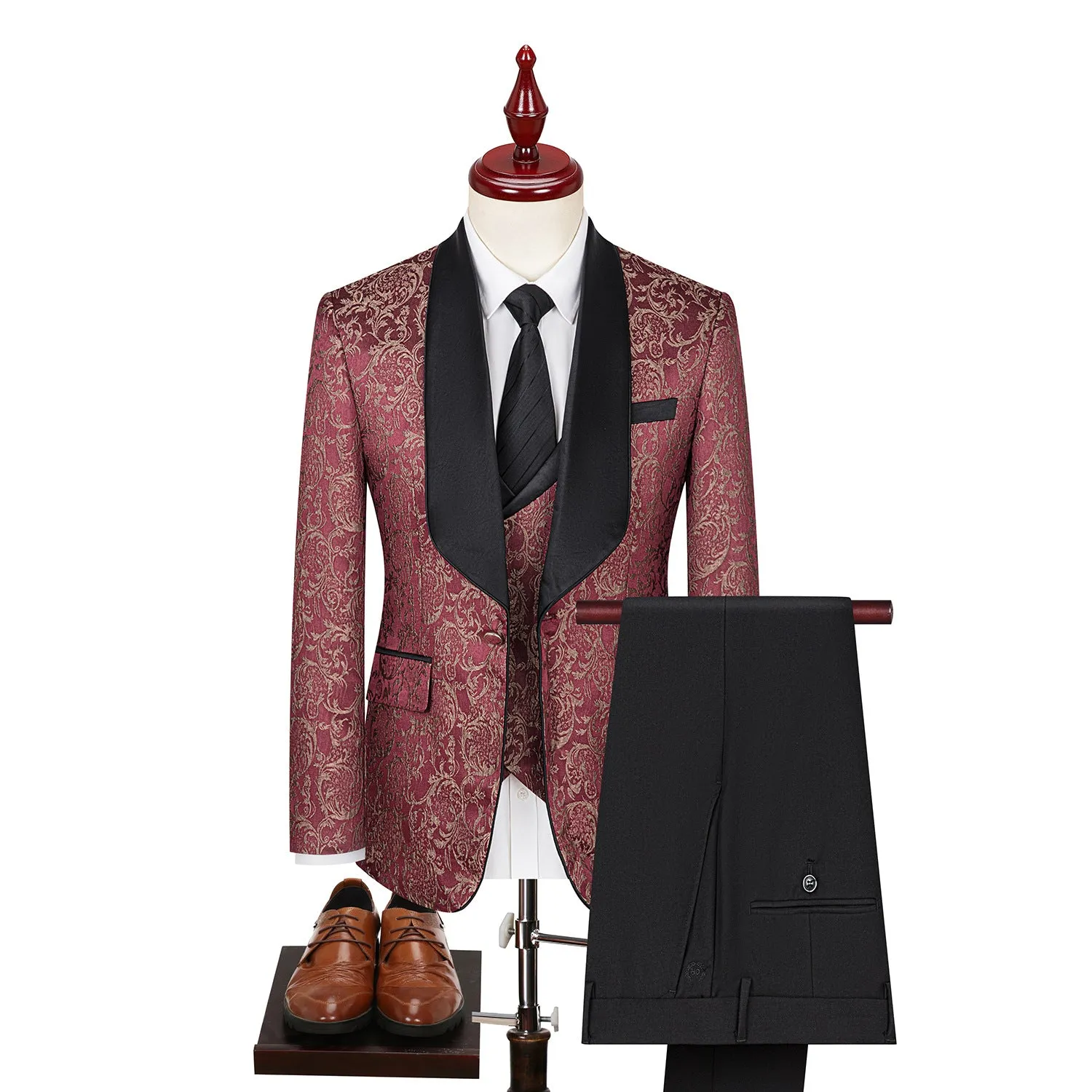 Men's jacquard slim fit wedding suit in black, acetate fibre blend, Asian sizing