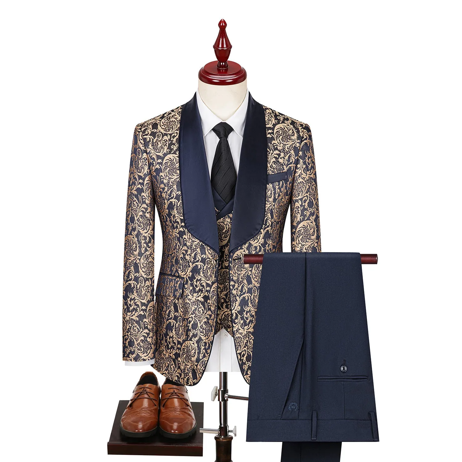 Men's jacquard slim fit wedding suit in black, acetate fibre blend, Asian sizing