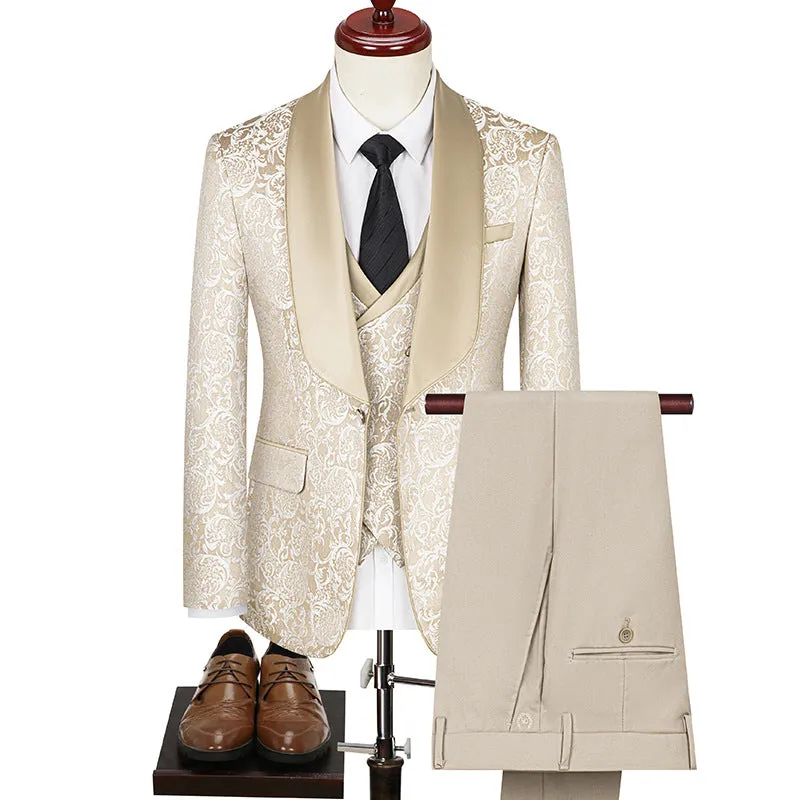 Men's jacquard slim fit wedding suit in black, acetate fibre blend, Asian sizing