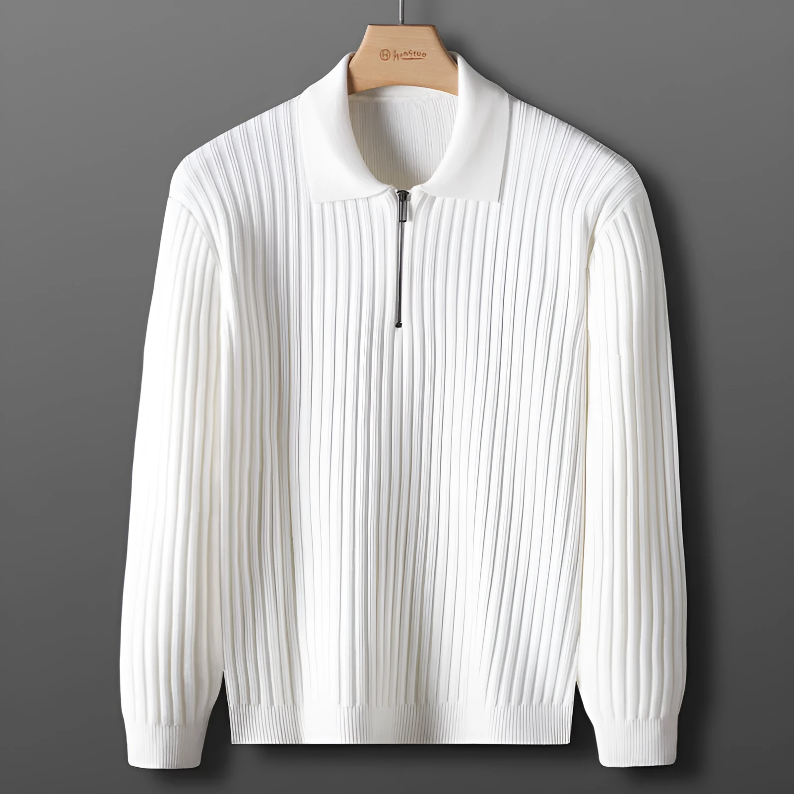 Men's half-zip cardigan sweater in gray, loose fit, long sleeves, polyester fabric