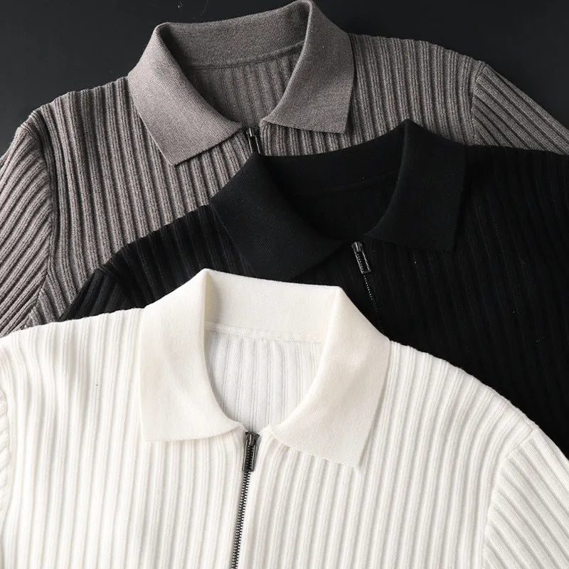 Men's half-zip cardigan sweater in gray, loose fit, long sleeves, polyester fabric